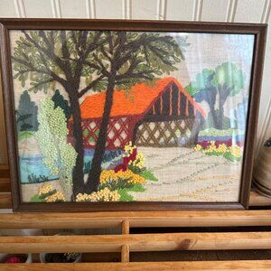 Vintage 80s Art work needlecraft fall covered bridge nature scene brown orange